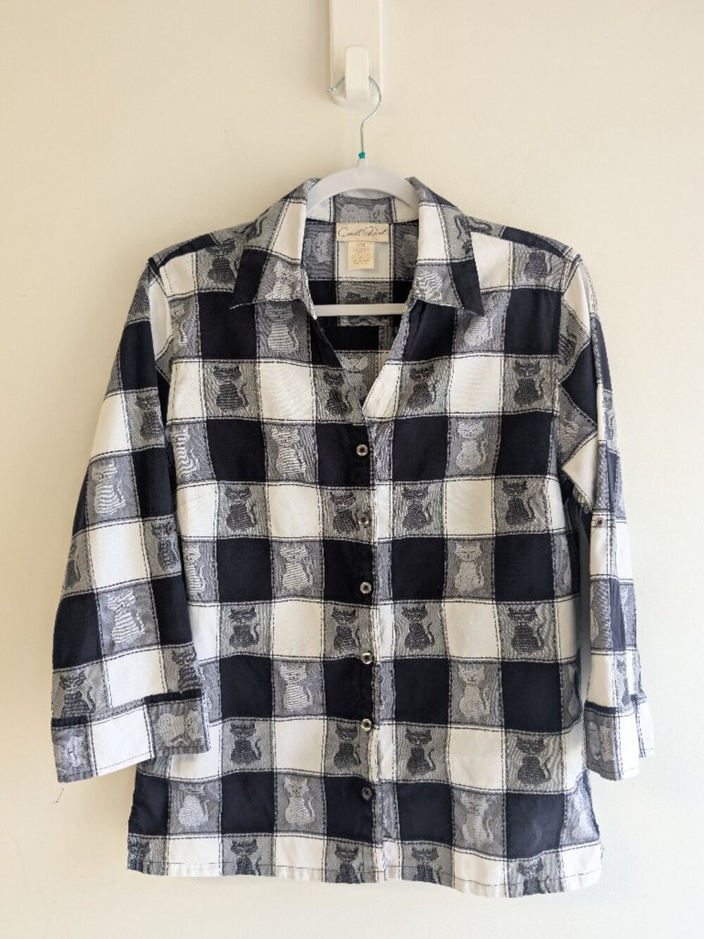 Carroll Reed Checkerboard Cat Print Button Down Top